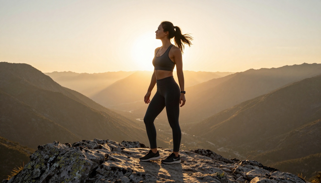 Athletic woman at mountain summit at sunrise with panoramic valley view Athletic woman at mountain summit at sunrise with panoramic valley view