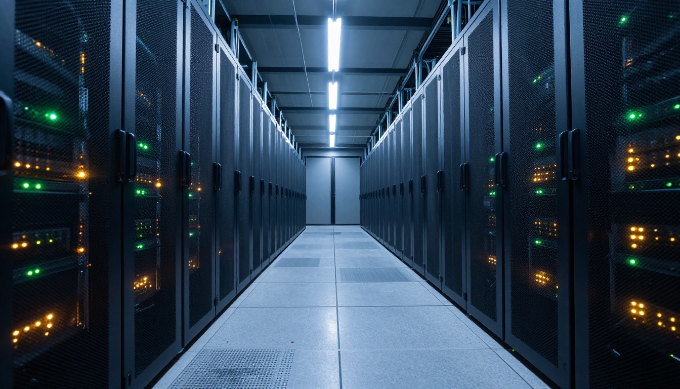 AI infrastructure server room corridor with blinking racks