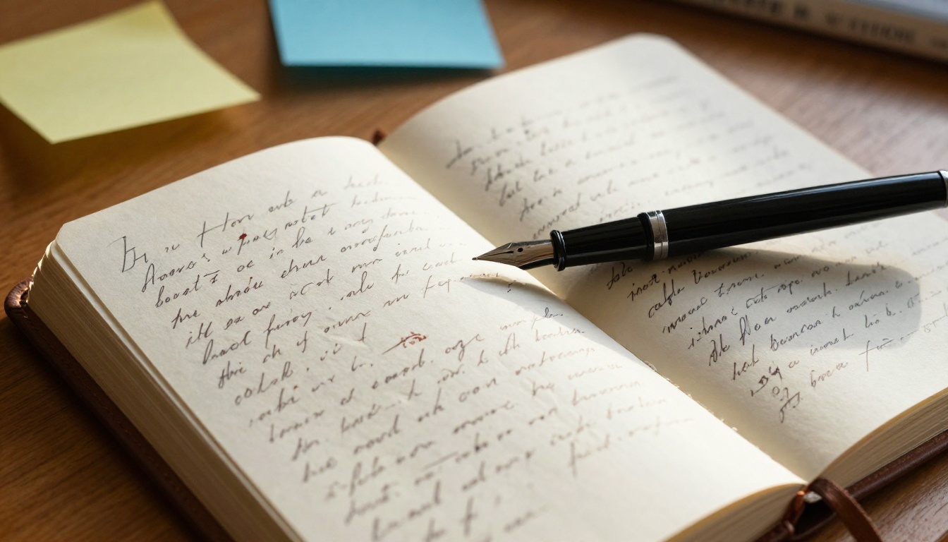 Handwritten manuscript notes with fountain pen on oak desk