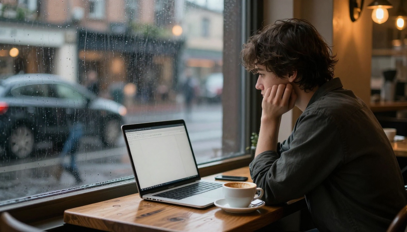 Writer contemplating at rain-streaked café window