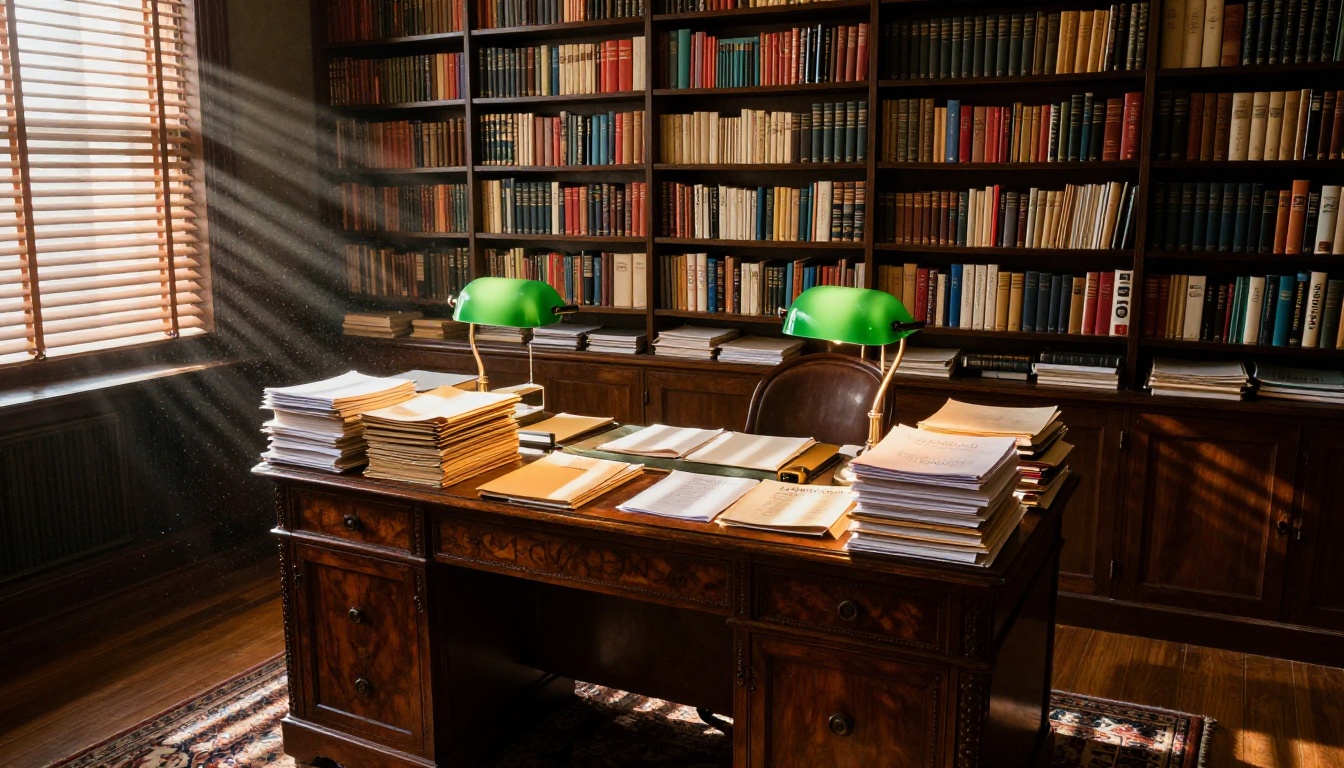 Literary agent office with stacked manuscripts and venetian blind light
