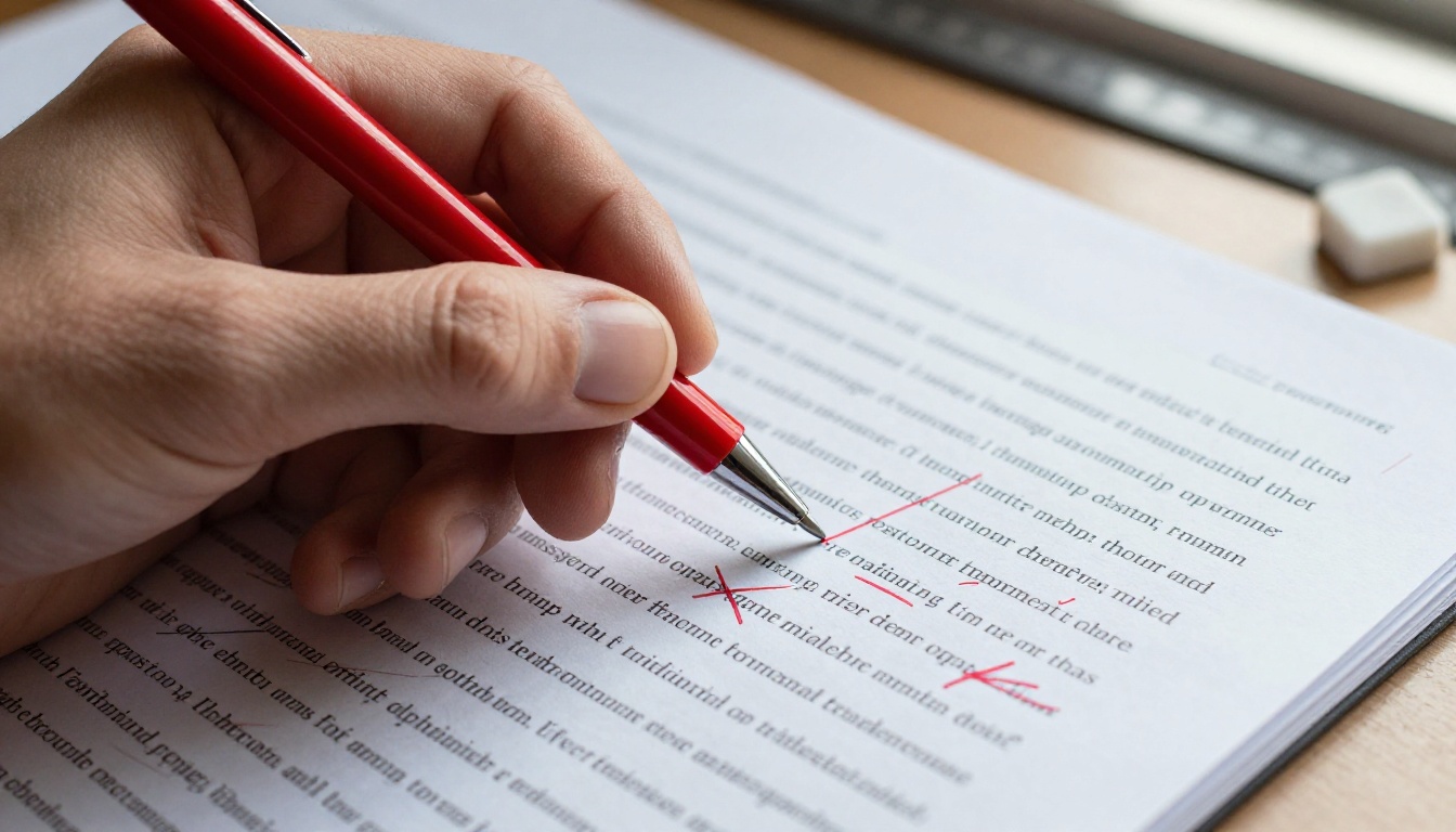 Manuscript editing with red pen showing corrections and marginal notes