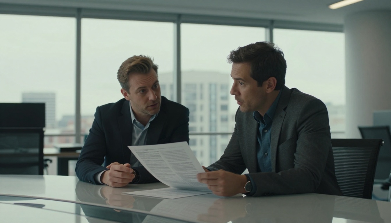 Two professionals reviewing printed documents at glass conference table