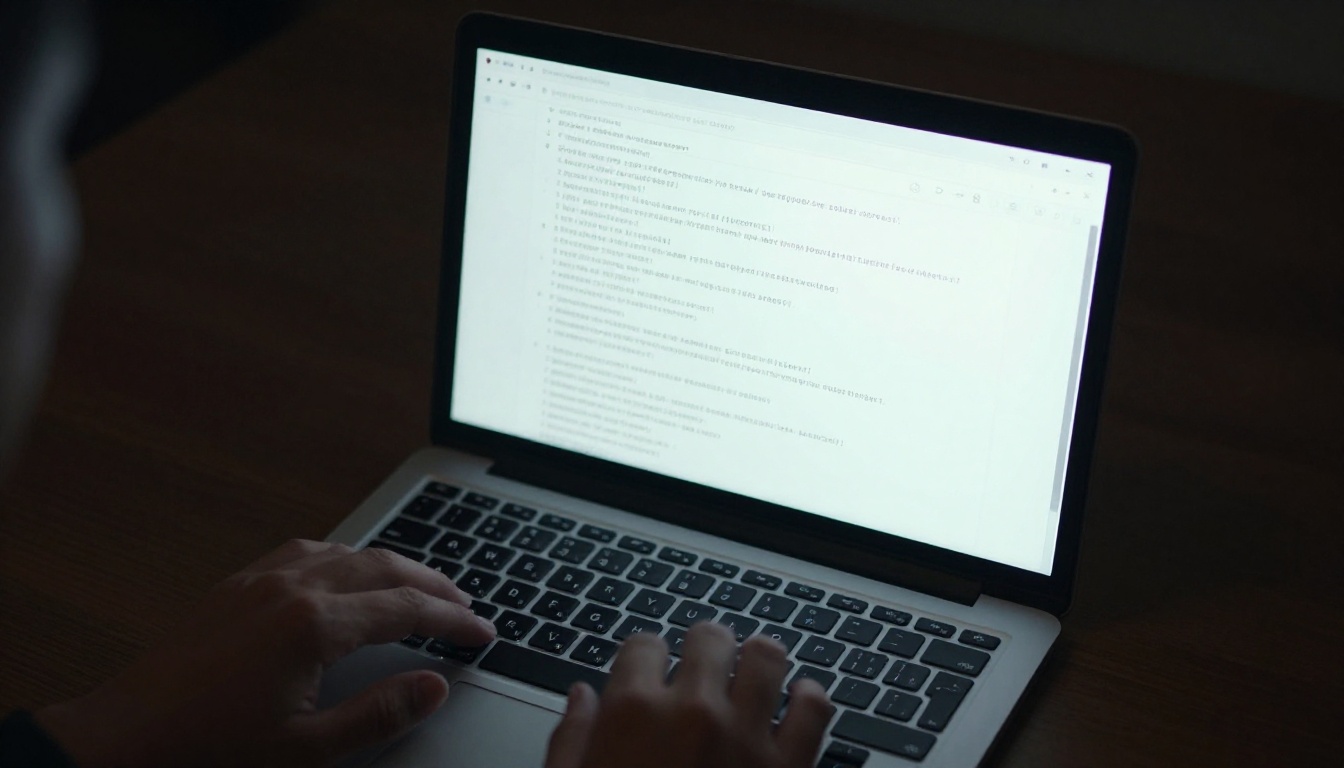 Laptop glowing with AI chat interface on dark desk at night