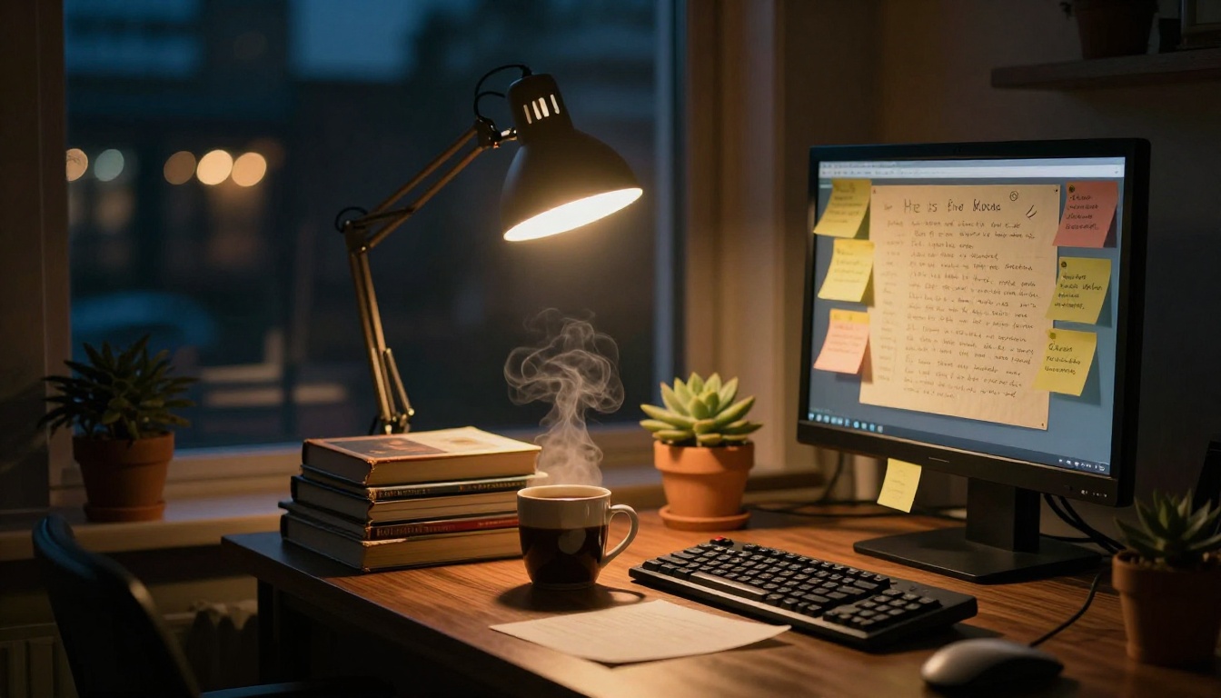 Writer home studio at night with warm tungsten desk lamp and city bokeh