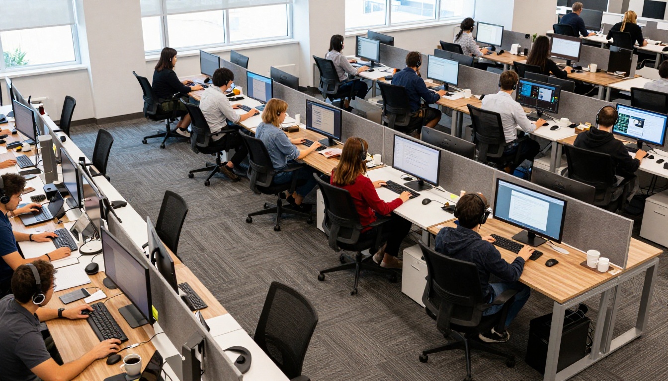Aerial view of technology teams working in open-plan office Aerial view of technology teams working in open-plan office
