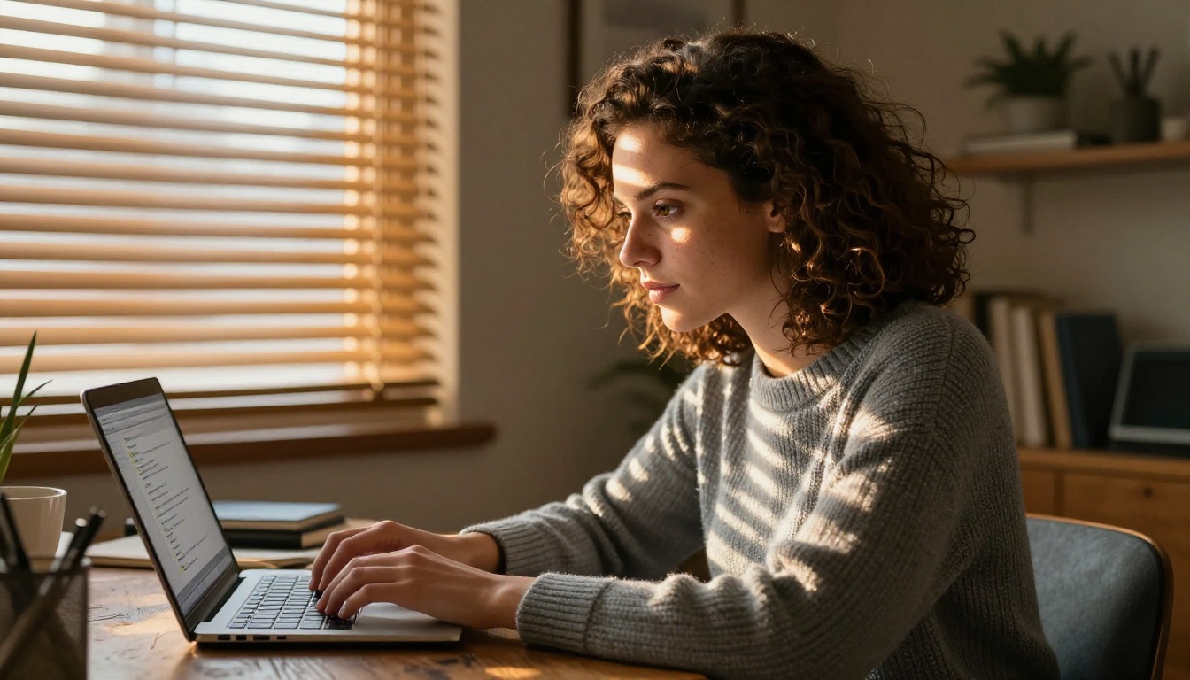 Researcher at home office working with AI chat interface Researcher at home office working with AI chat interface