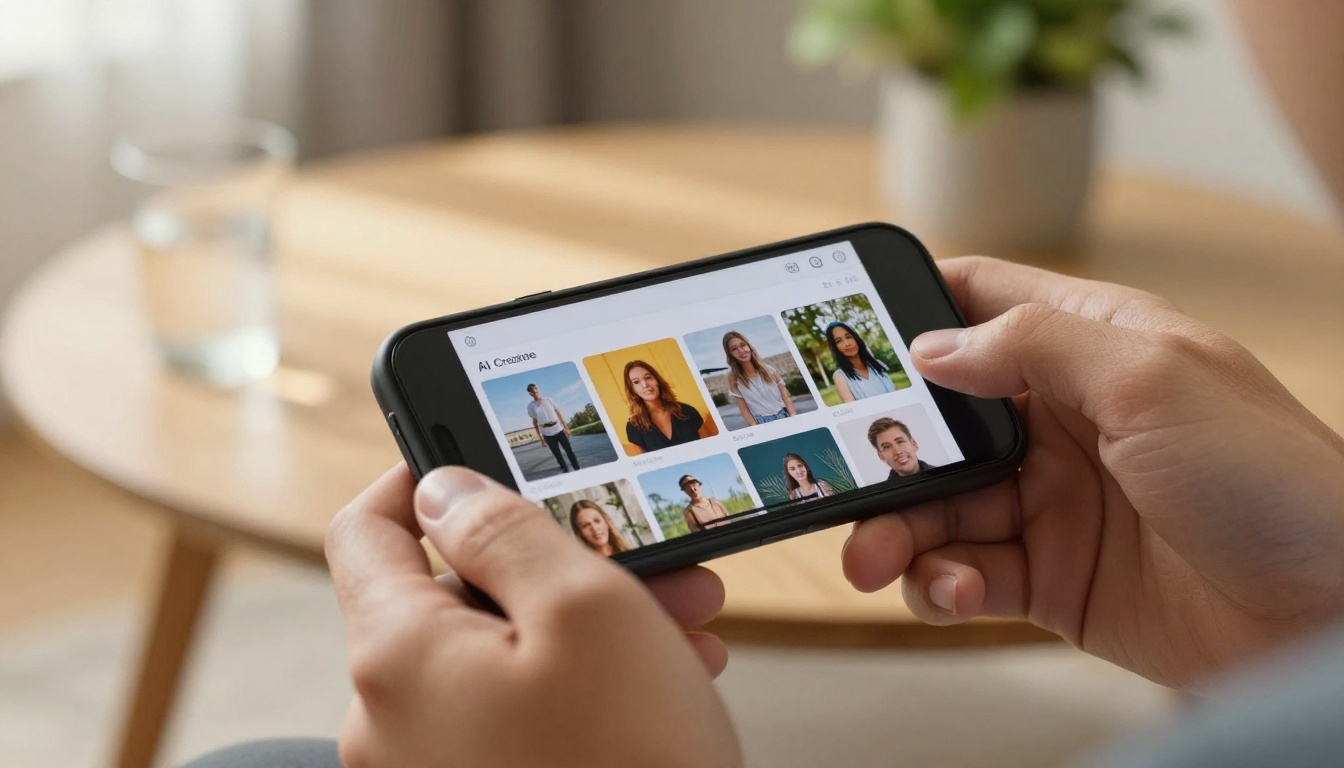 Hands holding smartphone with AI creative platform interface open Hands holding smartphone with AI creative platform interface open