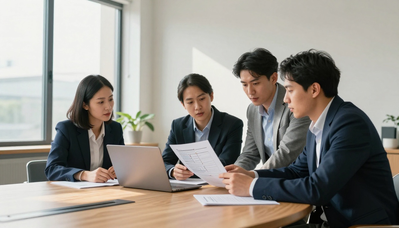 Team in boardroom reviewing AI content policy documentation Team in boardroom reviewing AI content policy documentation