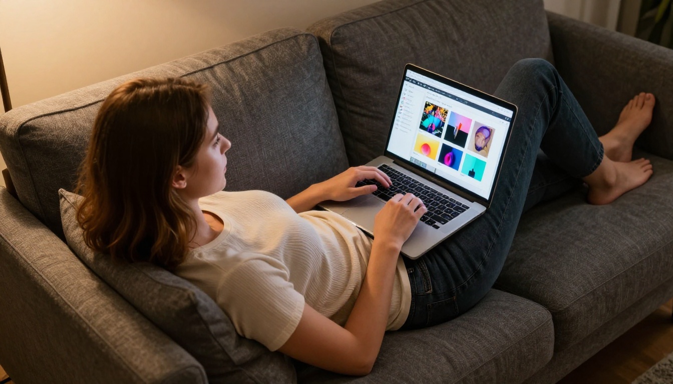 Young woman exploring AI creative tools on laptop at home Young woman exploring AI creative tools on laptop at home