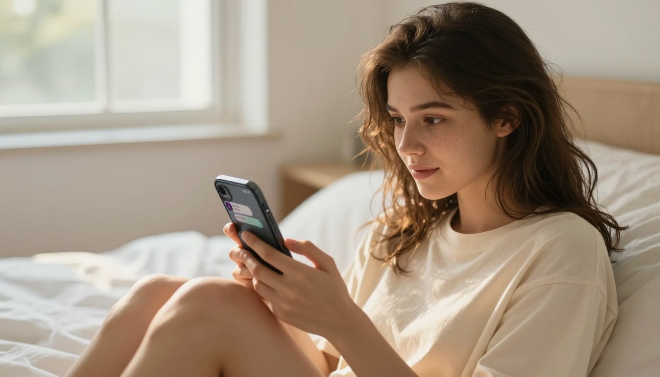 Young woman sitting on bed, holding smartphone with AI chat interface, warm afternoon light