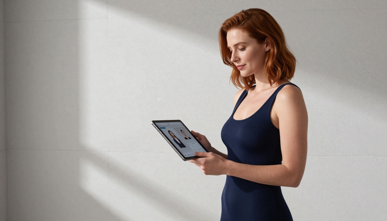 Confident woman with auburn hair in navy bodycon dress, holding tablet with AI model interface, clean studio backdrop