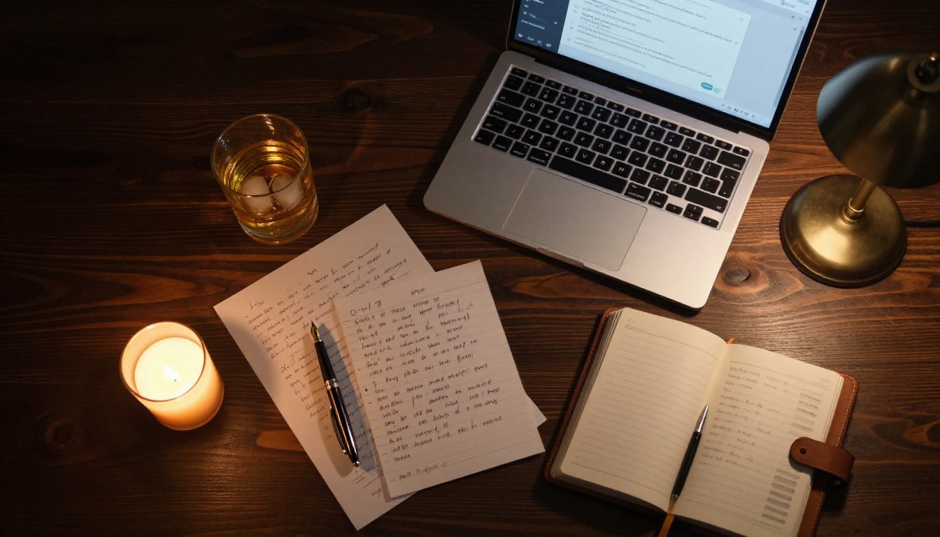 Creative writing workspace overhead flat lay, laptop with chat interface, whiskey glass, leather journal, warm candlelight