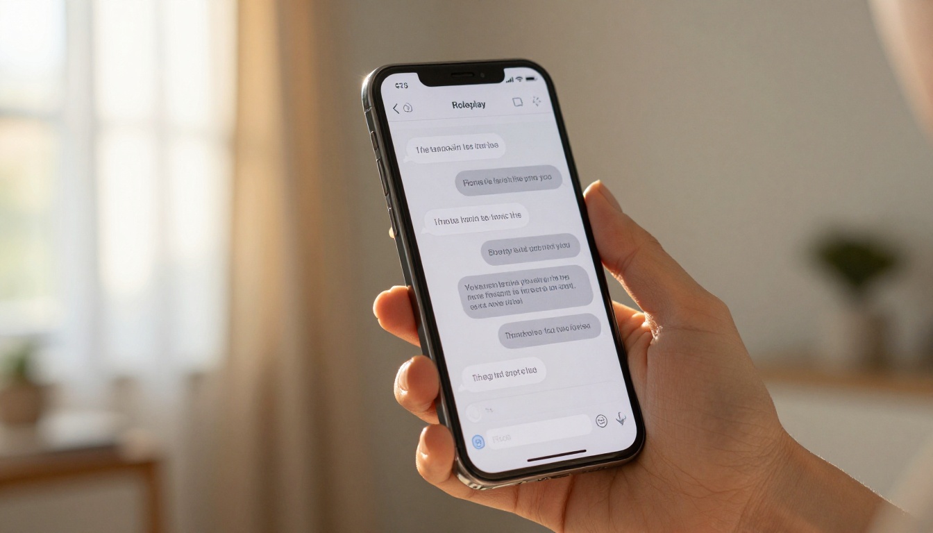 Close-up hand holding smartphone with chat bubbles visible, warm light through linen curtains in background