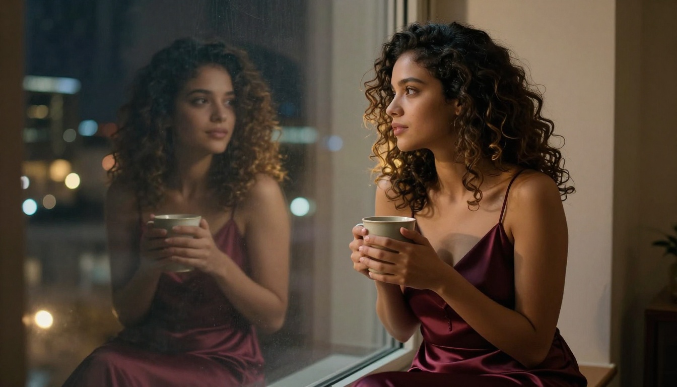 Young woman with dark curly hair at night window wearing silk slip dress, holding warm mug, city lights glowing below