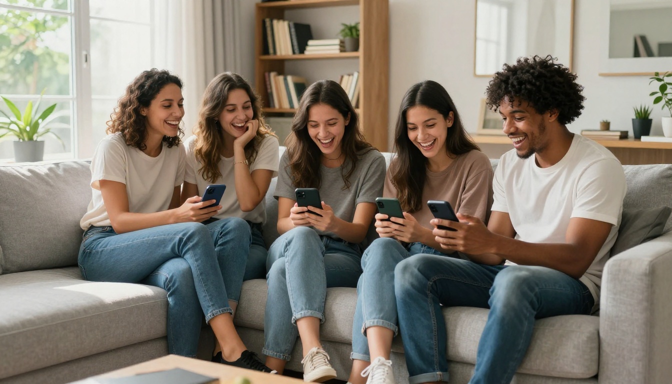 Three friends laughing on modern sofa engaging with phones and tablets, afternoon sunlight filling living room