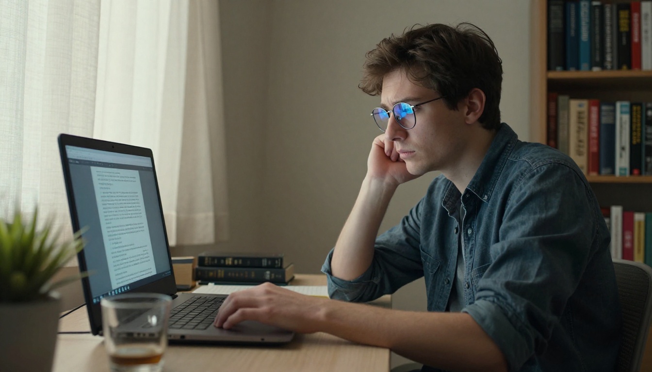 Young man with glasses reading AI text output on laptop, thoughtful expression