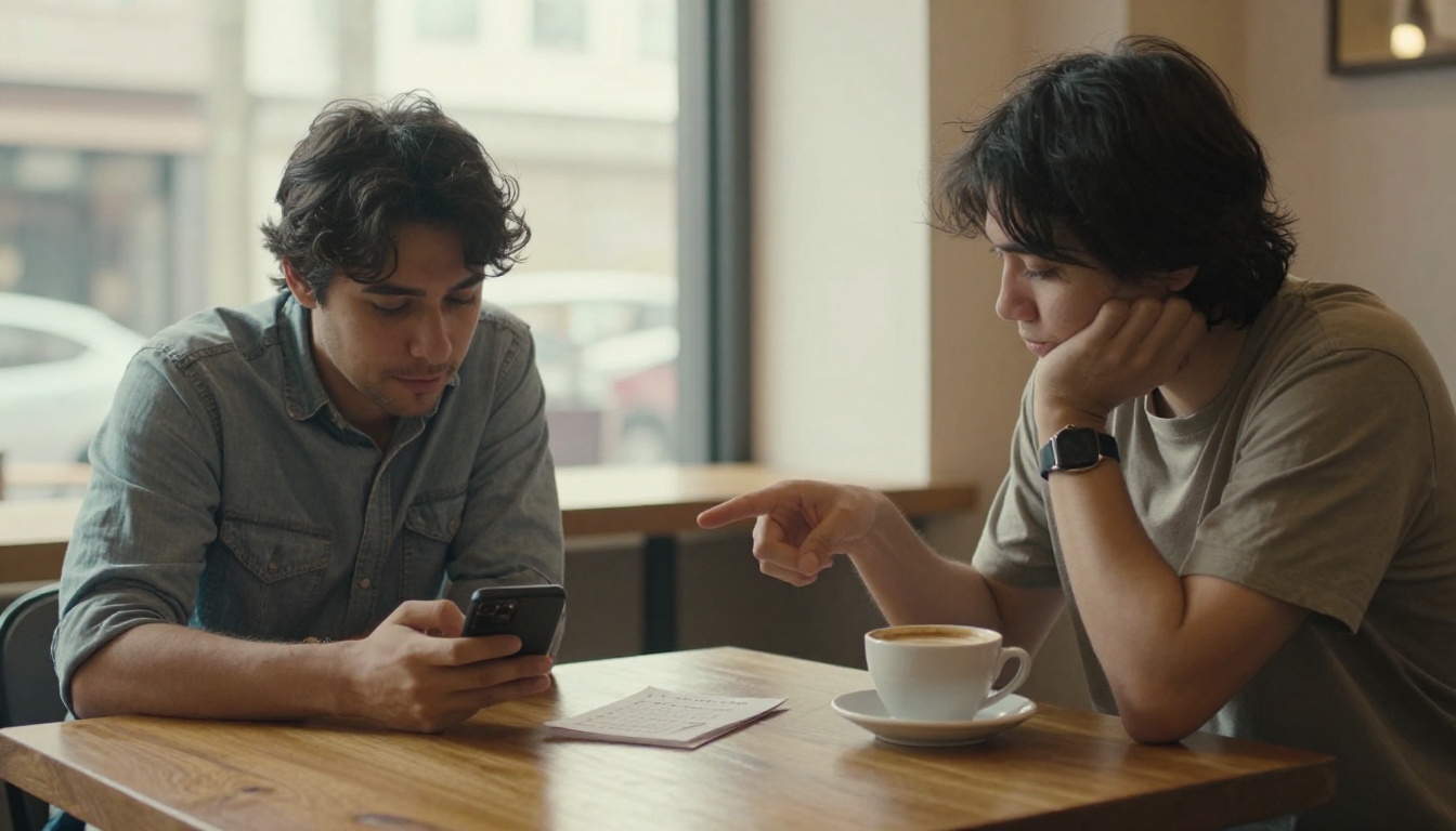 Two people at a cafe comparing AI chat outputs on their phones, discussing responses