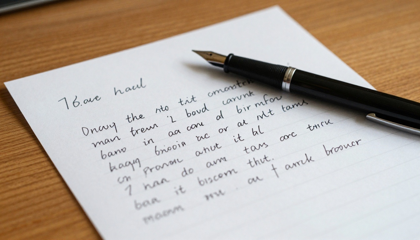 Overhead shot of handwritten notes on wooden table with fountain pen resting across the page
