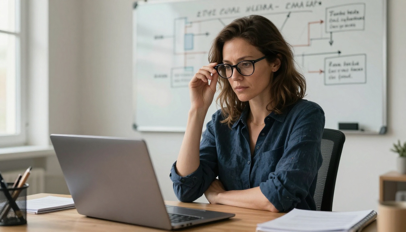Woman with arms folded looking analytically at laptop screen in home office