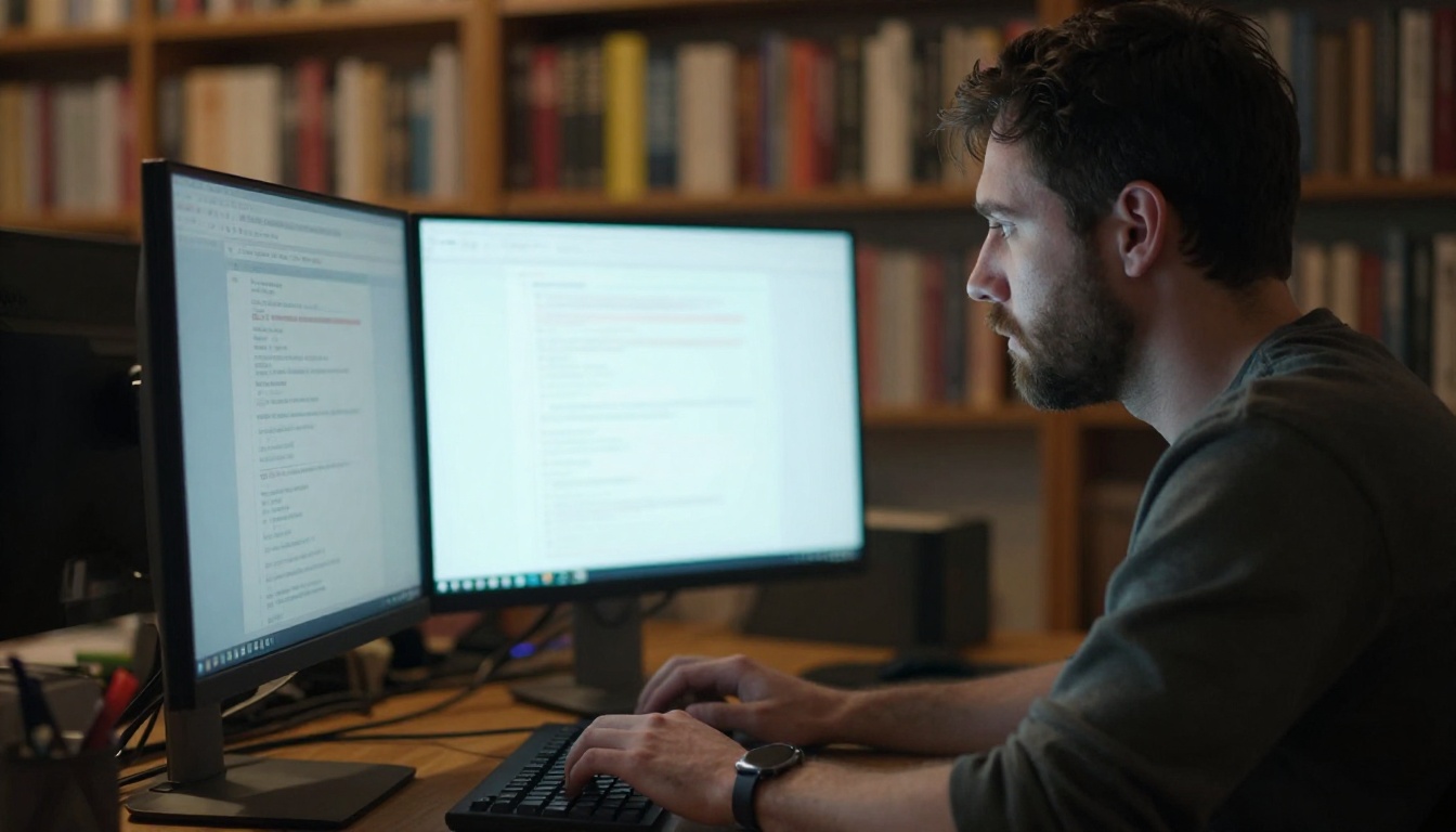 Man in side profile concentrating on computer monitor in dim room, bookshelf in background