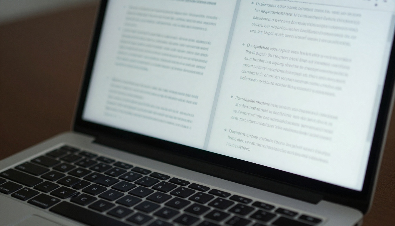 Close-up of laptop screen showing two columns of text side by side, slight screen glare visible