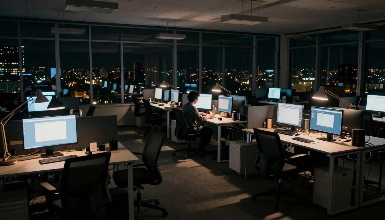 Single writer at night in open-plan office surrounded by glowing monitors, all other desks empty