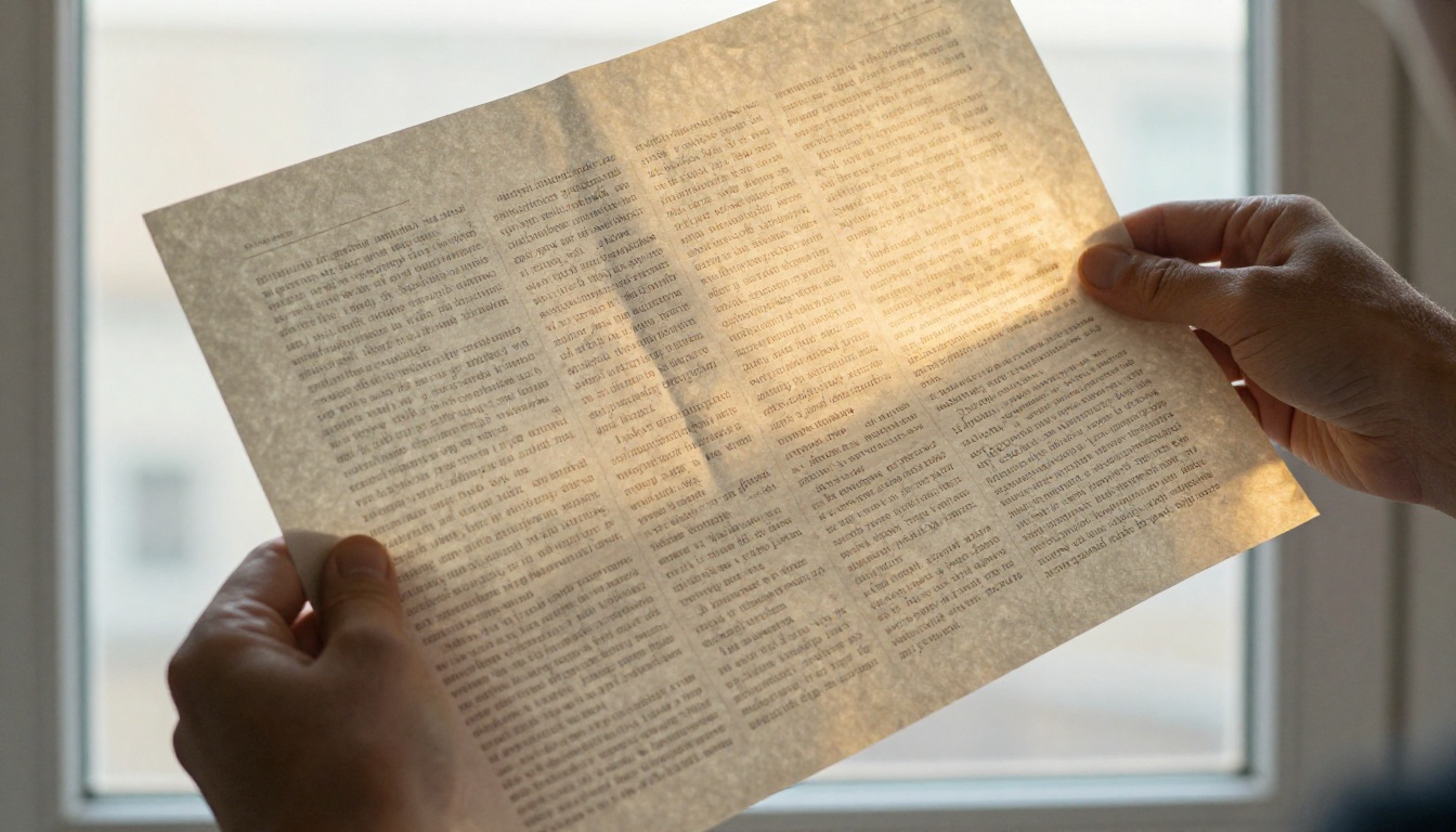 Hand holding printed text page backlit by morning window light, words in silhouette