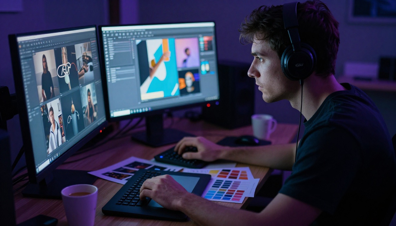 Digital artist at dual monitors in dark studio, focused and working late