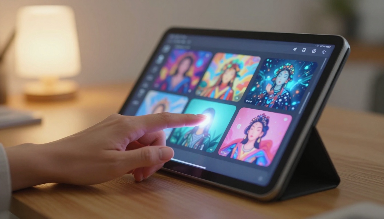Woman's hand touching tablet screen with AI-generated artwork, warm creative workspace