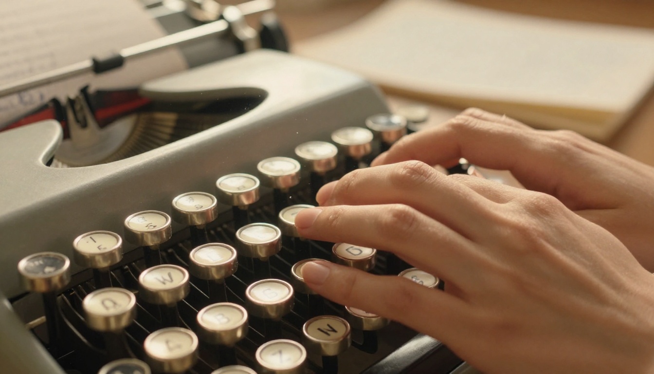 A writer's hands poised over a vintage typewriter in warm golden light