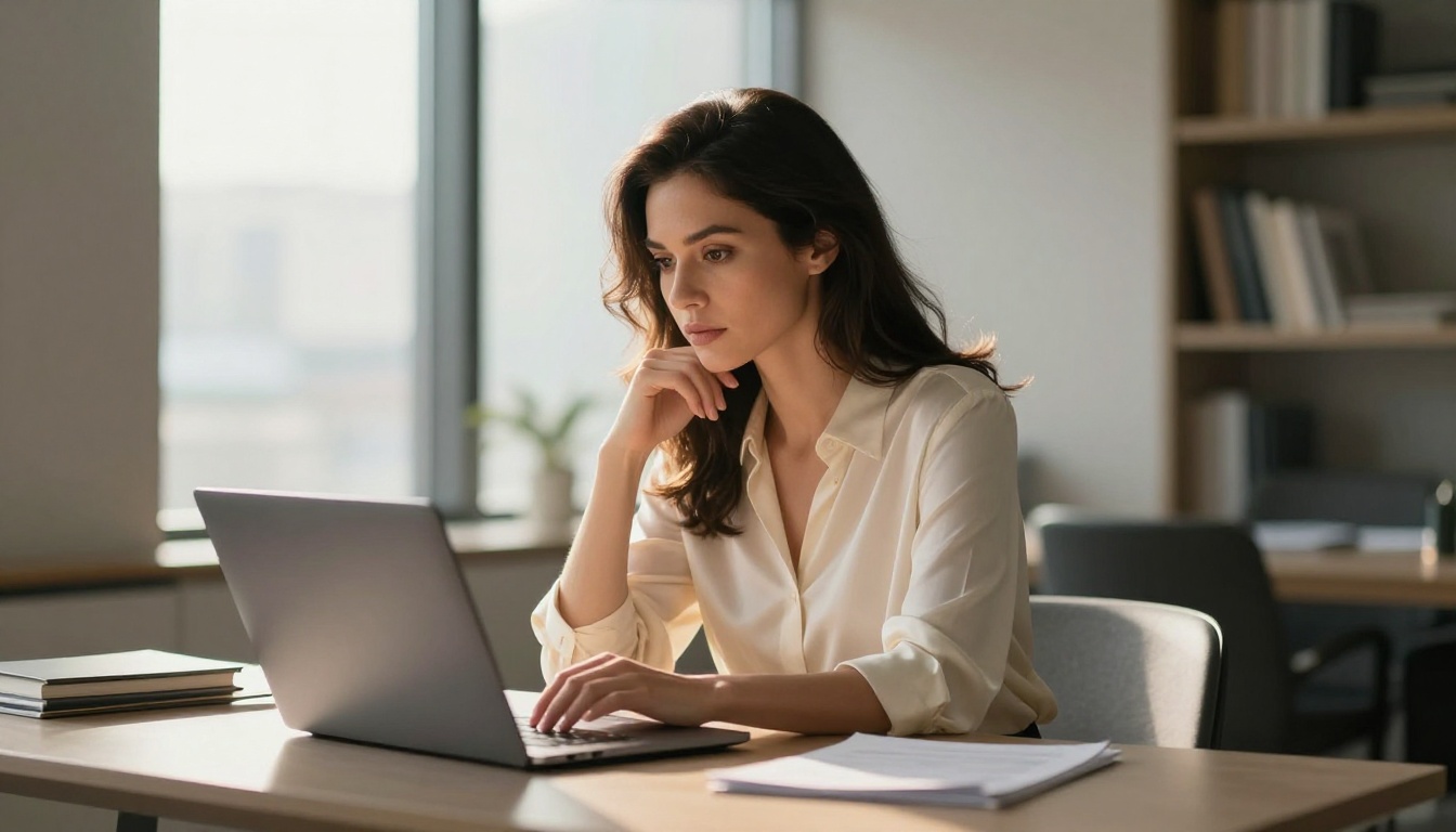 A sophisticated woman reviewing work on a laptop in soft backlit afternoon light