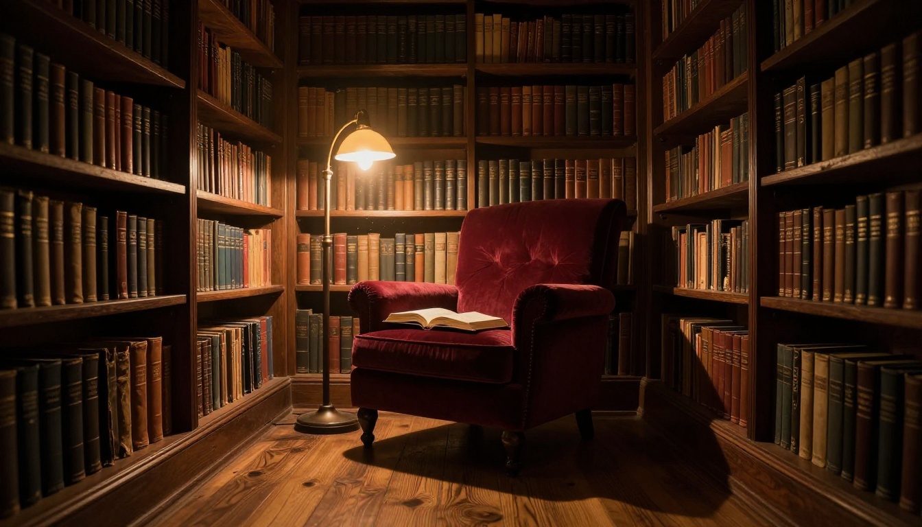 A dimly lit library interior with warm Edison bulb light and a deep burgundy reading chair