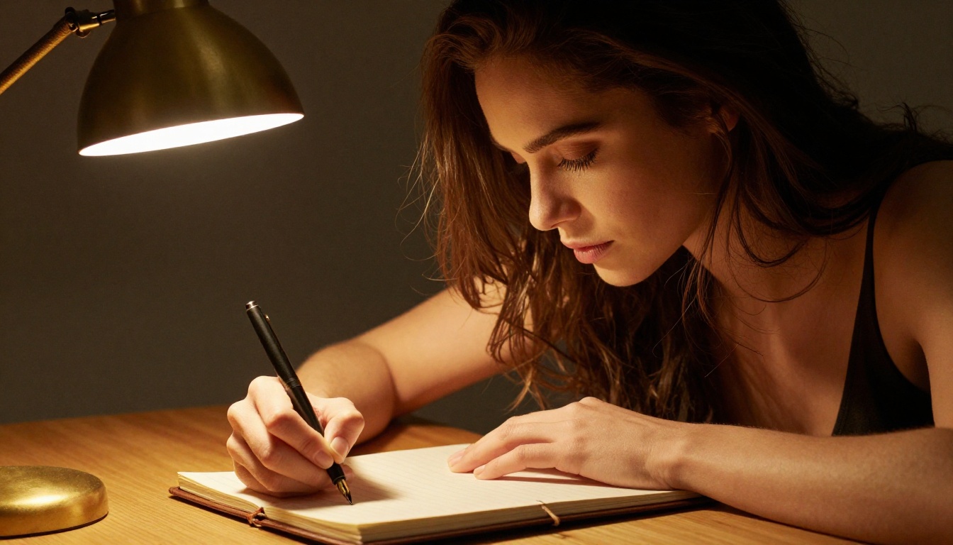 Creative writer focused at a minimalist desk with warm golden lamp light Creative writer focused at a minimalist desk with warm golden lamp light