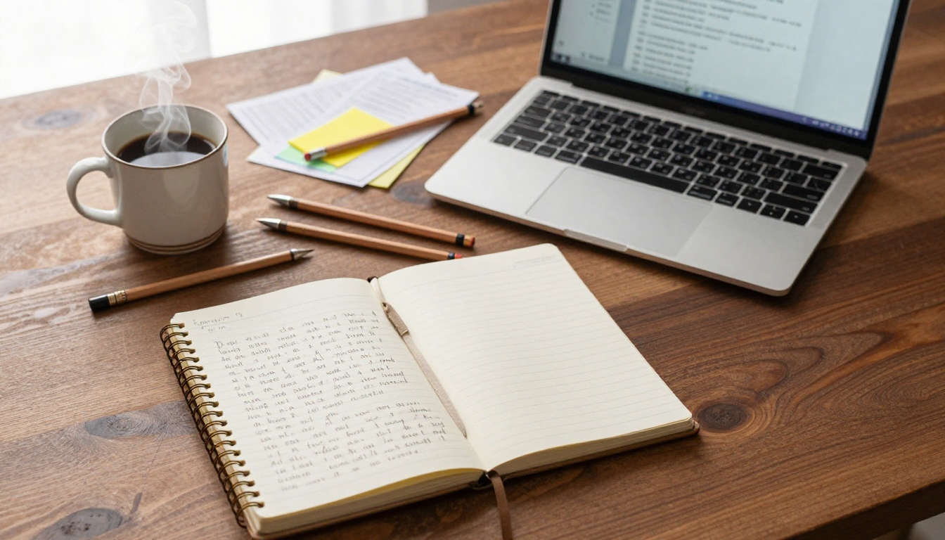 A creative writing workspace with notebook, coffee, and laptop in warm natural light