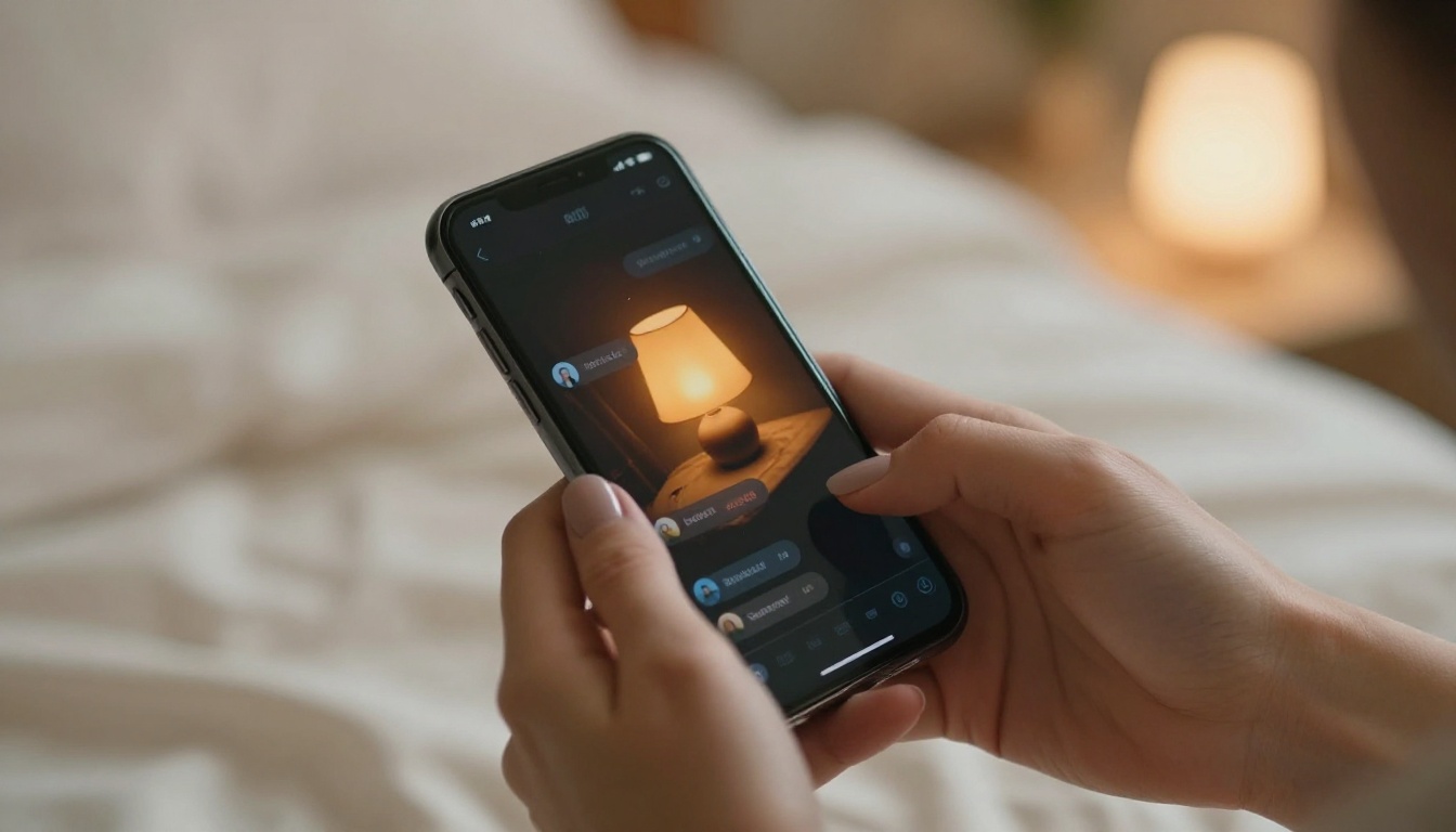Hands with nude-painted nails holding a smartphone with AI chat interface in a dimly lit bedroom Hands with nude-painted nails holding a smartphone with AI chat interface in a dimly lit bedroom