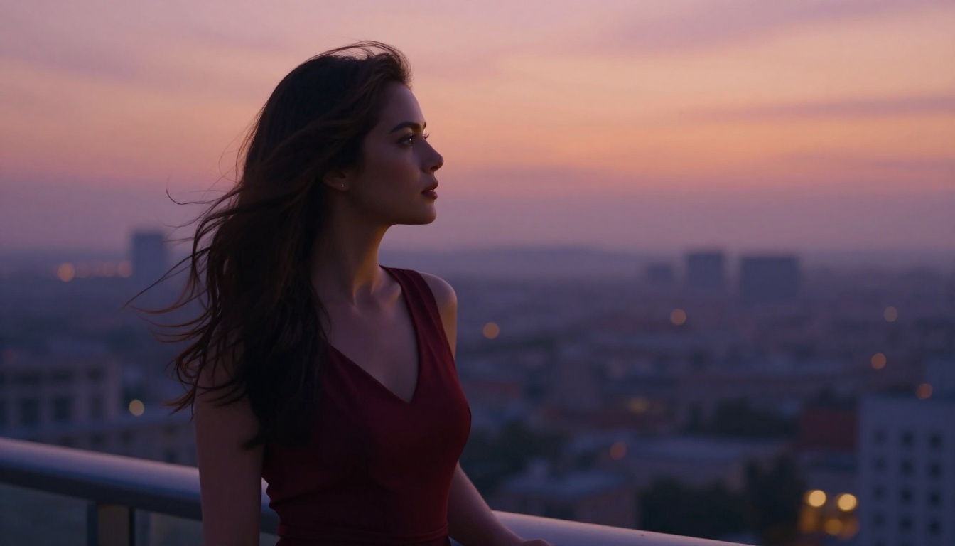 A woman in a burgundy dress on a city balcony at dusk looking pensive as city lights appear