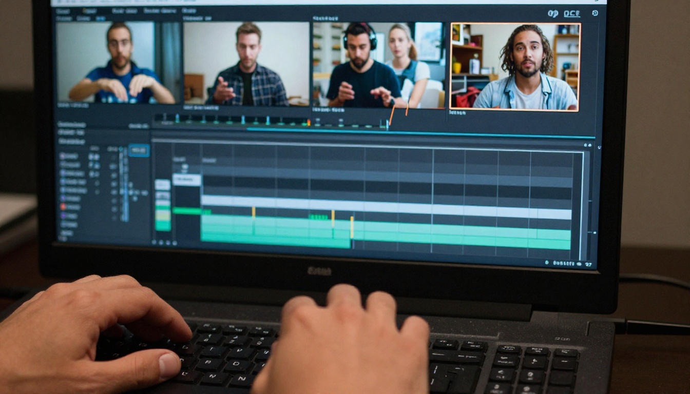 A professional video editor's hands arranging dozens of short video clips on a digital editing timeline, showing the tedious stitching process A professional video editor's hands arranging dozens of short video clips on a digital editing timeline, showing the tedious stitching process