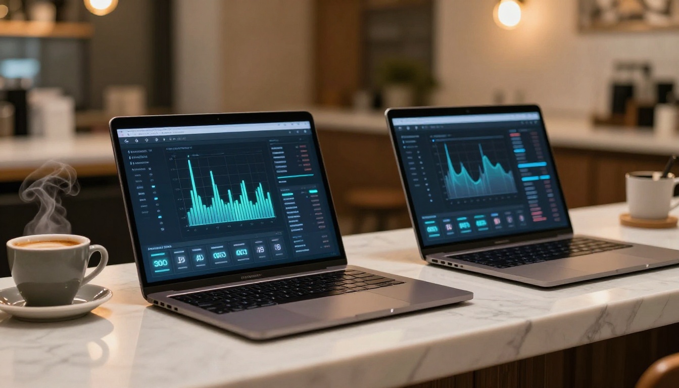 Two open laptops side by side on a white marble countertop with a steaming espresso cup in the foreground Two open laptops side by side on a white marble countertop with a steaming espresso cup in the foreground