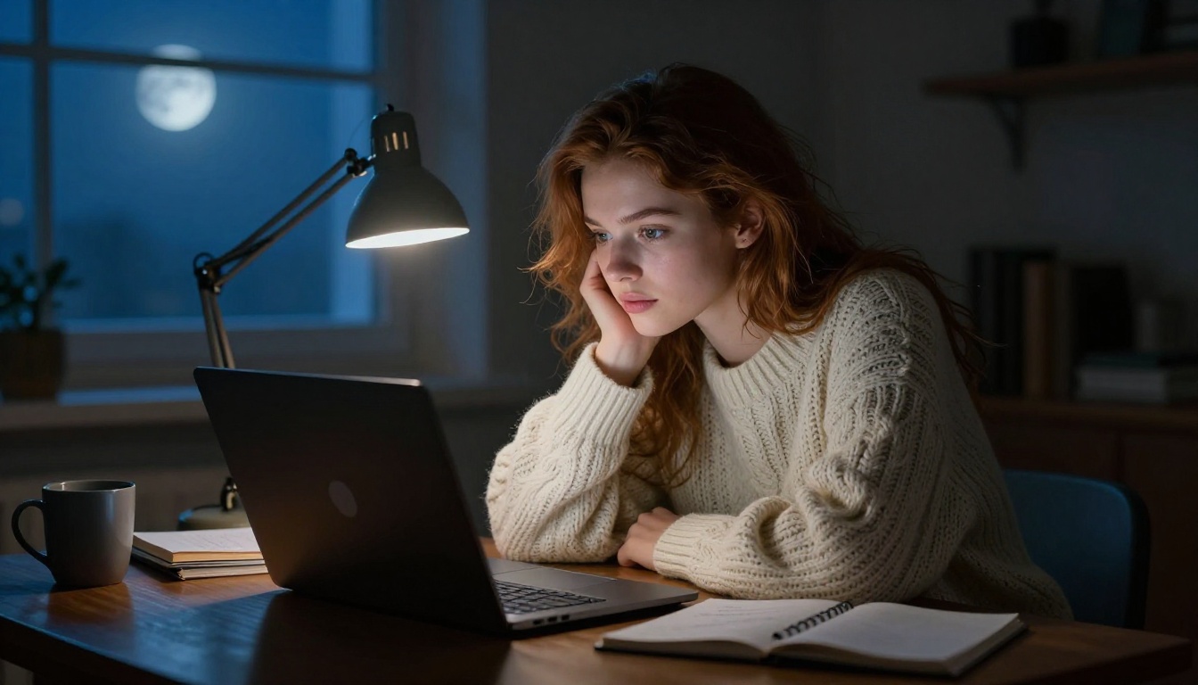 Young woman with disheveled auburn hair writing intensely on a laptop at night with moonlight and lamp Young woman with disheveled auburn hair writing intensely on a laptop at night with moonlight and lamp