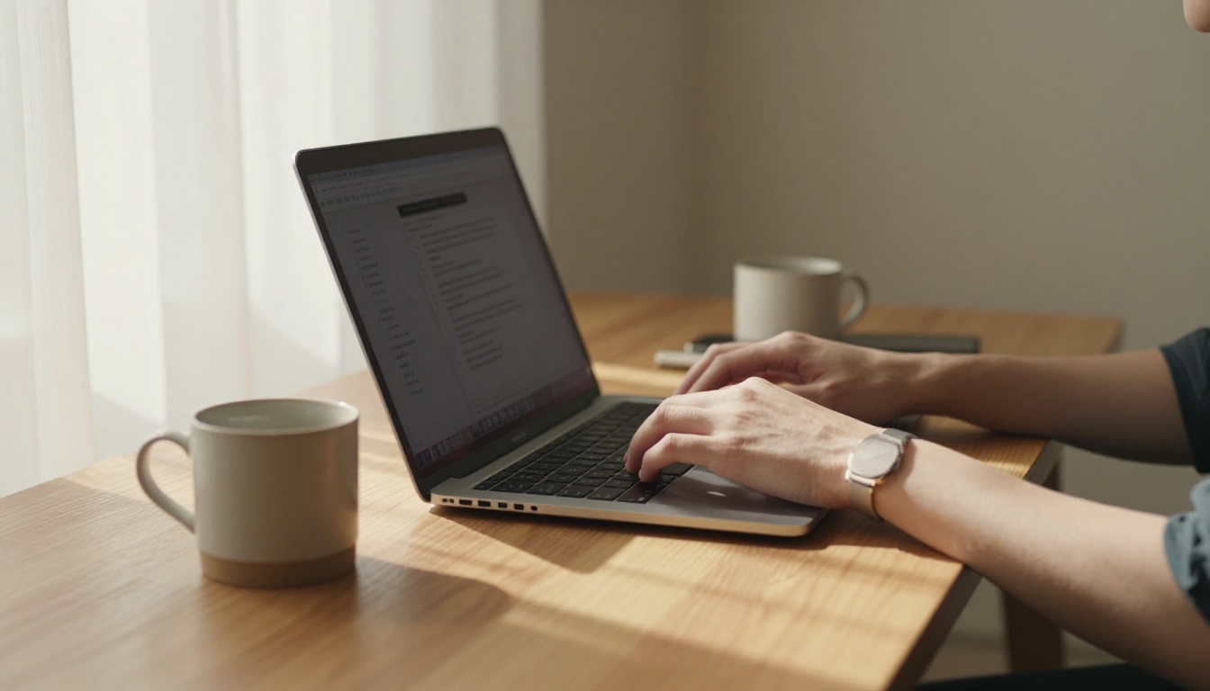 A creative professional typing a detailed text prompt on a MacBook Pro in a sunlit home studio, planning a video shoot A creative professional typing a detailed text prompt on a MacBook Pro in a sunlit home studio, planning a video shoot