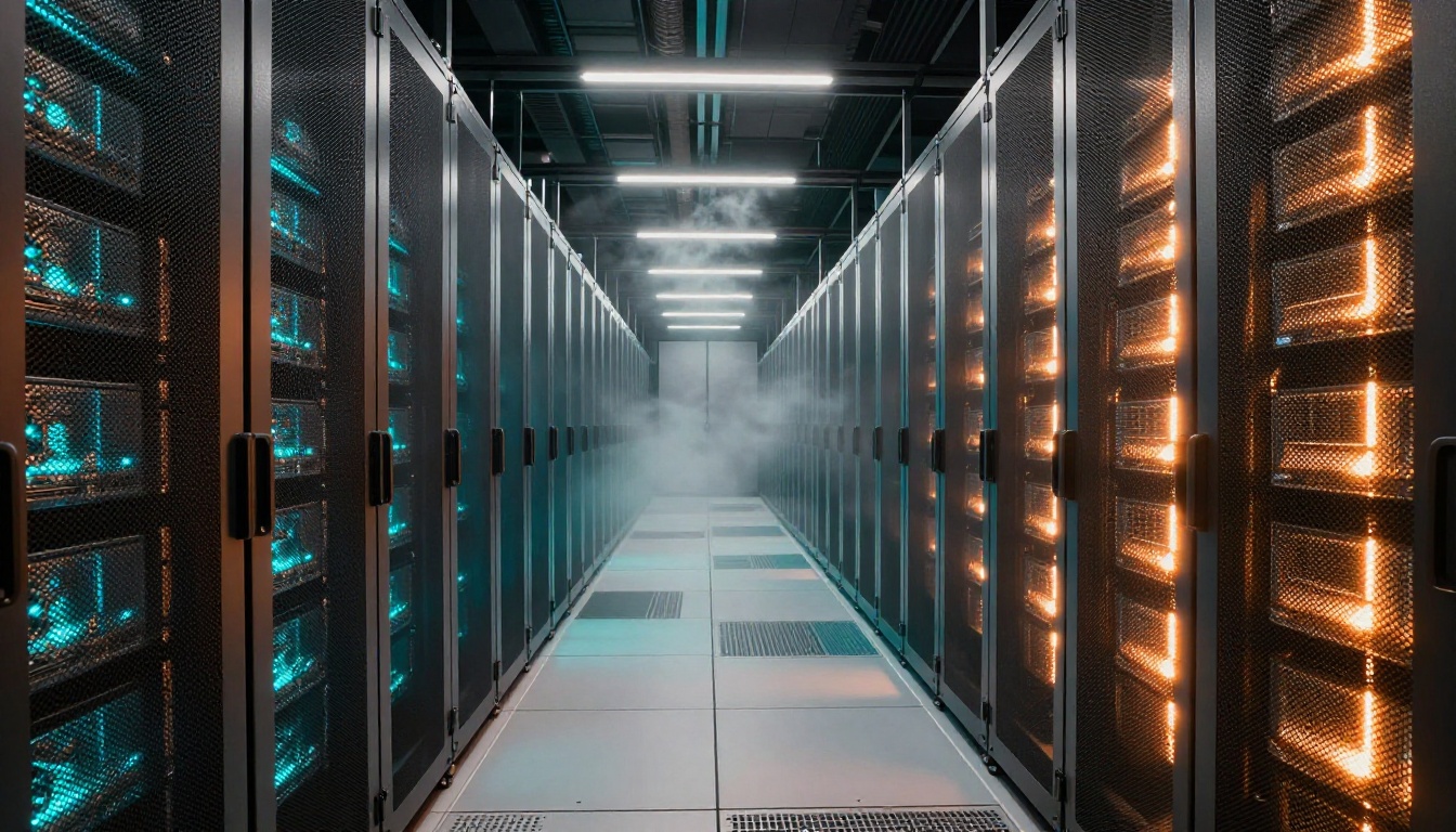Vast modern data center corridor with warm copper and cool cyan lighting creating a dramatic color split Vast modern data center corridor with warm copper and cool cyan lighting creating a dramatic color split