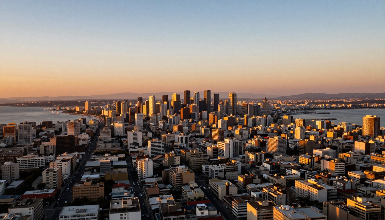 Aerial view of a dense coastal city at golden hour, thousands of rooftops catching warm amber sunset light, harbor with sailboats visible in the distance Aerial view of a dense coastal city at golden hour, thousands of rooftops catching warm amber sunset light, harbor with sailboats visible in the distance