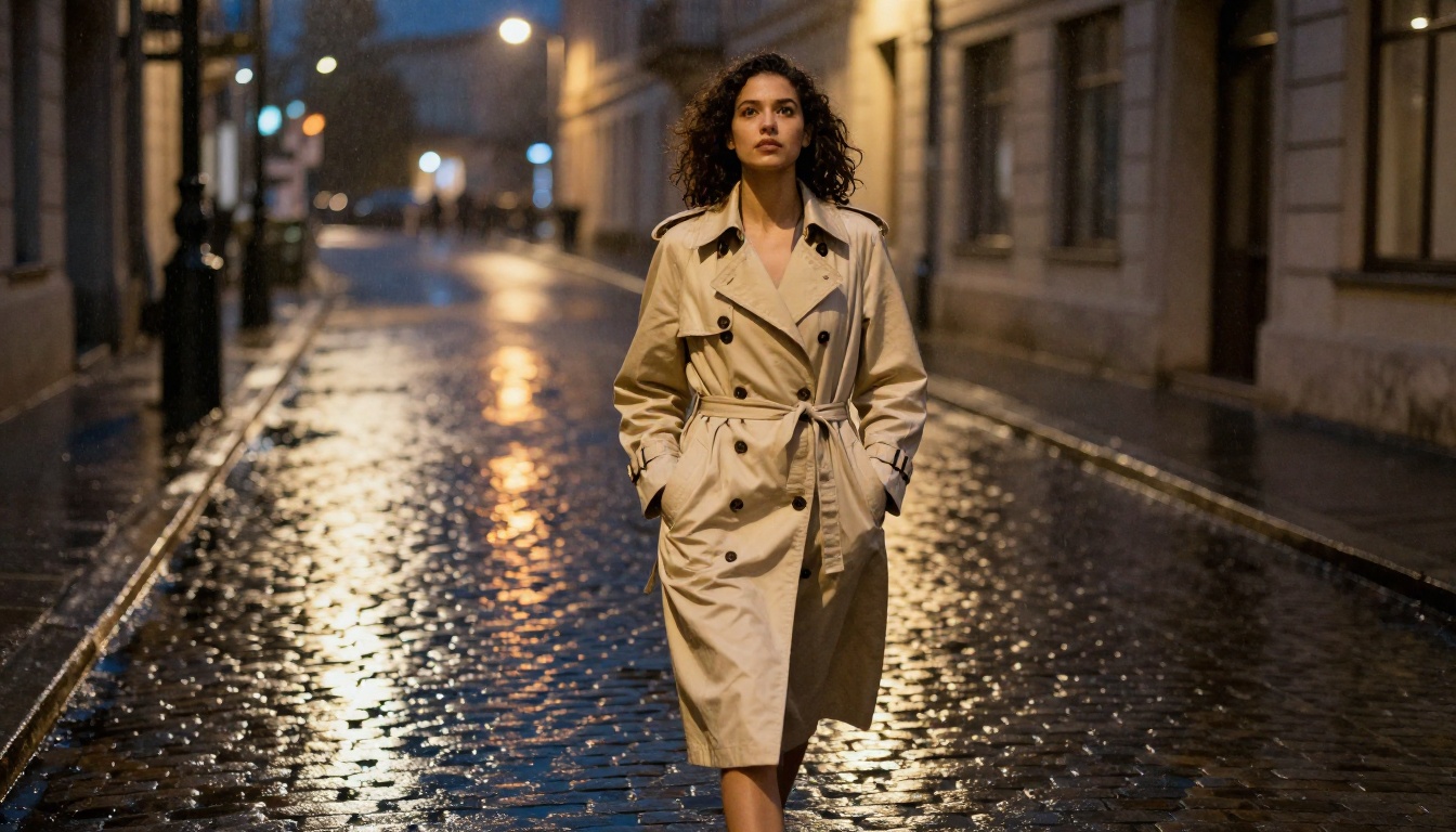 A woman walking confidently down a rain-soaked cobblestone street at night, street lamps reflecting in puddles, cinematic low-angle shot A woman walking confidently down a rain-soaked cobblestone street at night, street lamps reflecting in puddles, cinematic low-angle shot