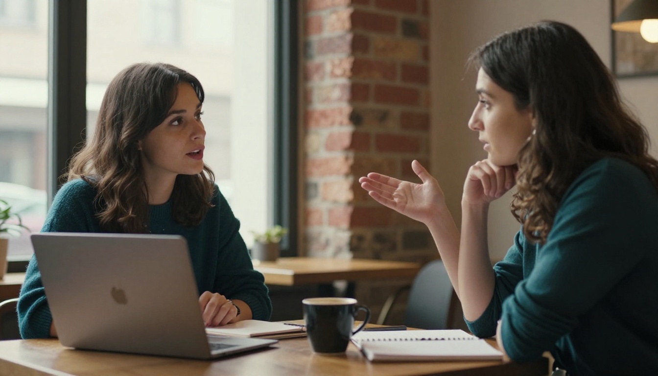 Two women at a cozy café table discussing creative writing with laptops open