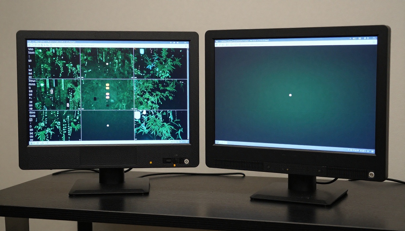 Two professional monitors side by side comparing stitched multi-segment video on the left with one smooth continuous native clip on the right Two professional monitors side by side comparing stitched multi-segment video on the left with one smooth continuous native clip on the right