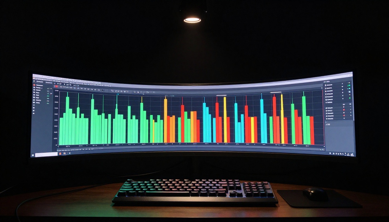 Curved ultra-wide monitor in a dark studio displaying a vivid comparison chart with no readable text Curved ultra-wide monitor in a dark studio displaying a vivid comparison chart with no readable text