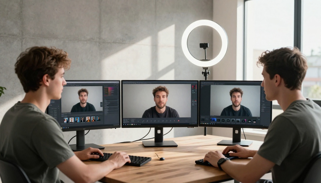 A content creator at a modern minimal desk setup with three monitors showing different AI video outputs, reviewing results in natural window light A content creator at a modern minimal desk setup with three monitors showing different AI video outputs, reviewing results in natural window light
