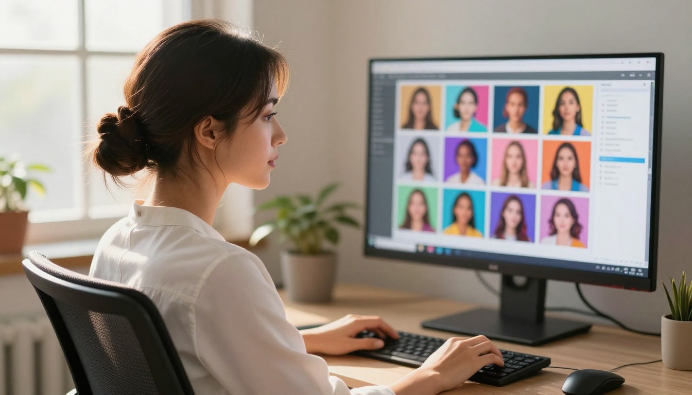 Tech-savvy woman browsing an AI model catalog at a home office workstation in warm morning light Tech-savvy woman browsing an AI model catalog at a home office workstation in warm morning light