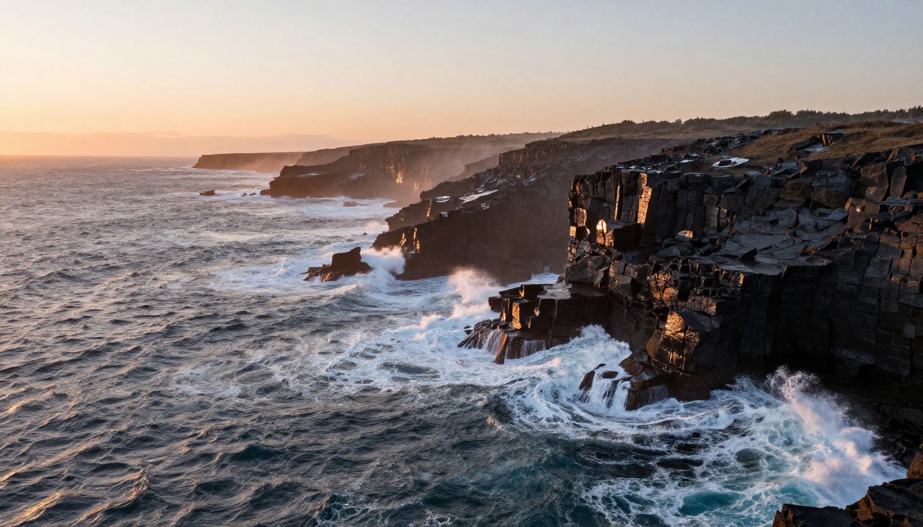 Aerial drone shot of ocean waves crashing against dark basalt sea cliffs at sunset, sea foam and atmospheric mist creating natural depth Aerial drone shot of ocean waves crashing against dark basalt sea cliffs at sunset, sea foam and atmospheric mist creating natural depth